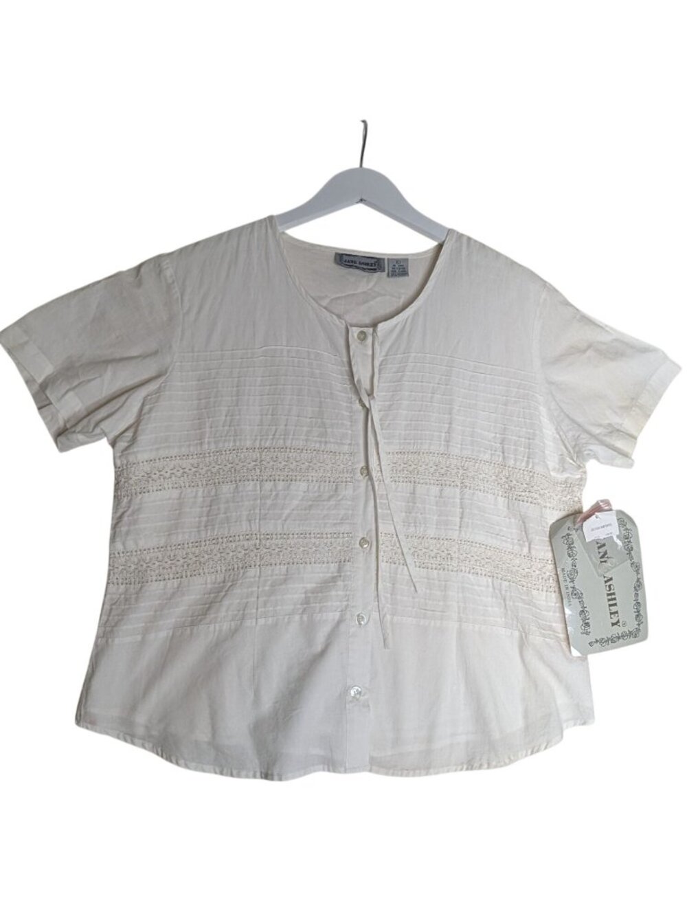 Jane Ashley White Cotton Short-Sleeve Button-Down Top With Lace Detailing Size L - Picture 2 of 9